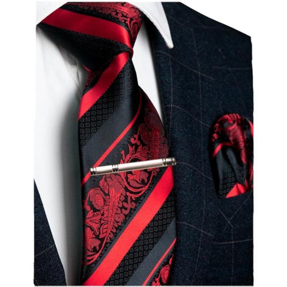 Mens Floral Necktie and Pocket Square Tie Clip Sets for Men